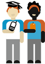 Illustration of two students conducting a literature search on EconBiz on their smartphones 