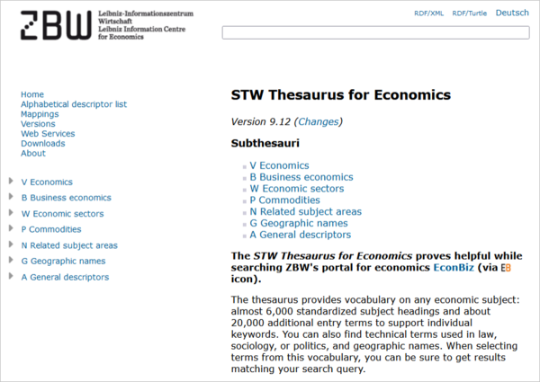Preview of the STW – Thesaurus for Economics, a service by ZBW