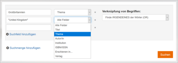 Bildschirmaufnahme der Erweiterten Suche in EconBiz mit dem Suchfelder-Pulldown-Menü