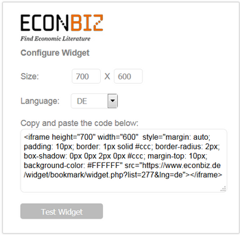 Screenshot of the EconBiz bookmark widget