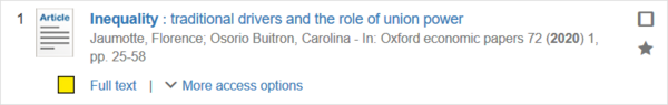 Screenshot of a title in the EconBiz list view showing the “More access options” dropdown menu