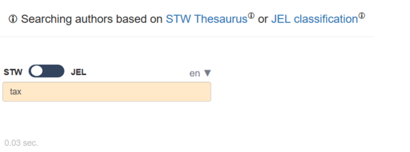 Screenshot sample search based on the stw thesaurus term tax in EconBiz Author Search