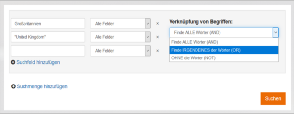 Bildschirmaufnahme der Erweiterten Suche in EconBiz mit dem AND / OR / NOT Dropdown-Menü