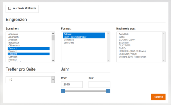 Screenshot of the Advanced search in EconBiz showing the “limit to” menu with filters